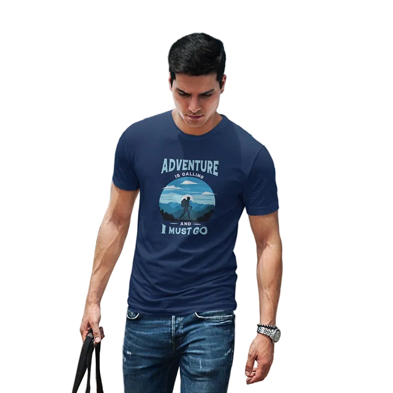 Men's blue adventure-themed T-shirt by The Mahua Store with "Adventure is Calling" print, casual and comfortable.