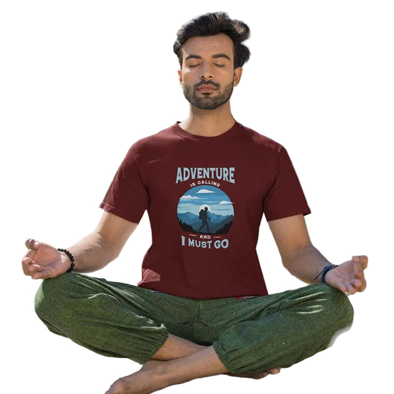 Red men's adventure is calling print T-shirt from The Mahua Store, featuring a bold graphic design on soft fabric.