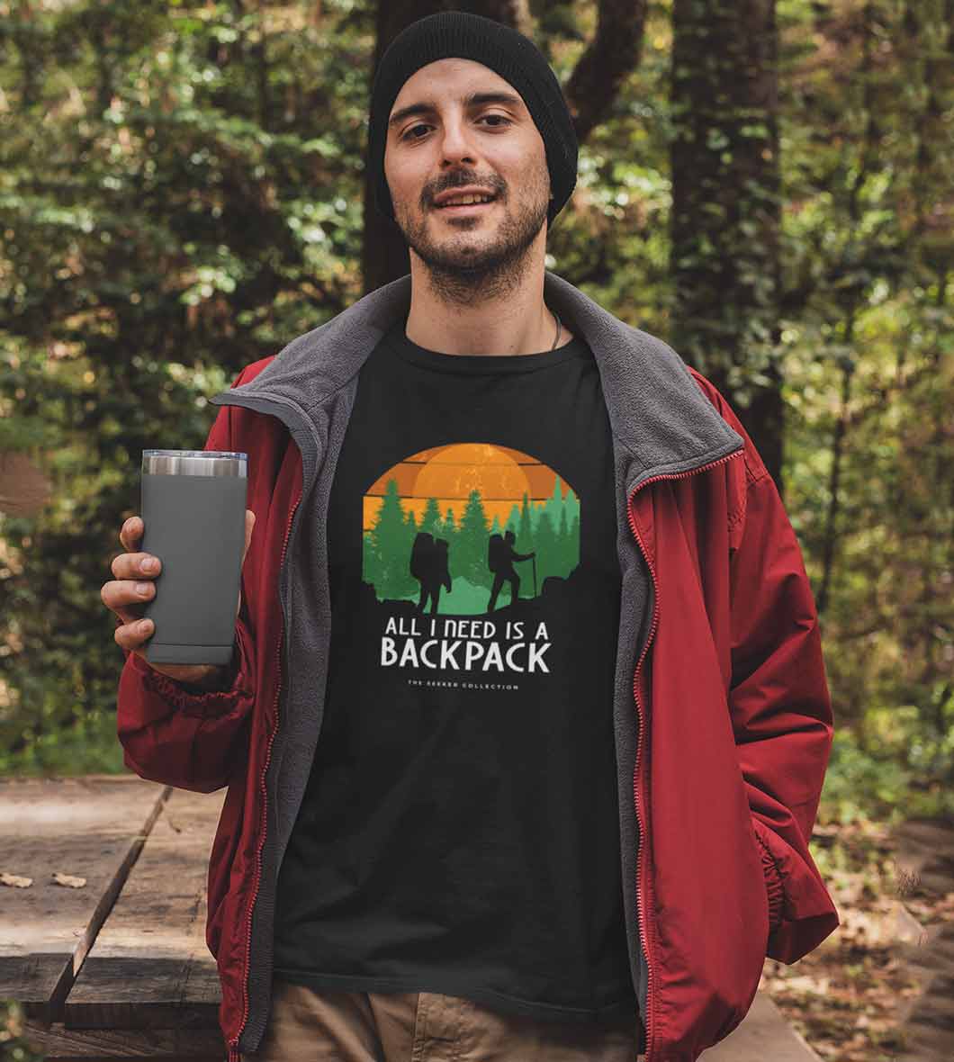 Black men's T-shirt from The Mahua Store featuring a backpack print design on the front.