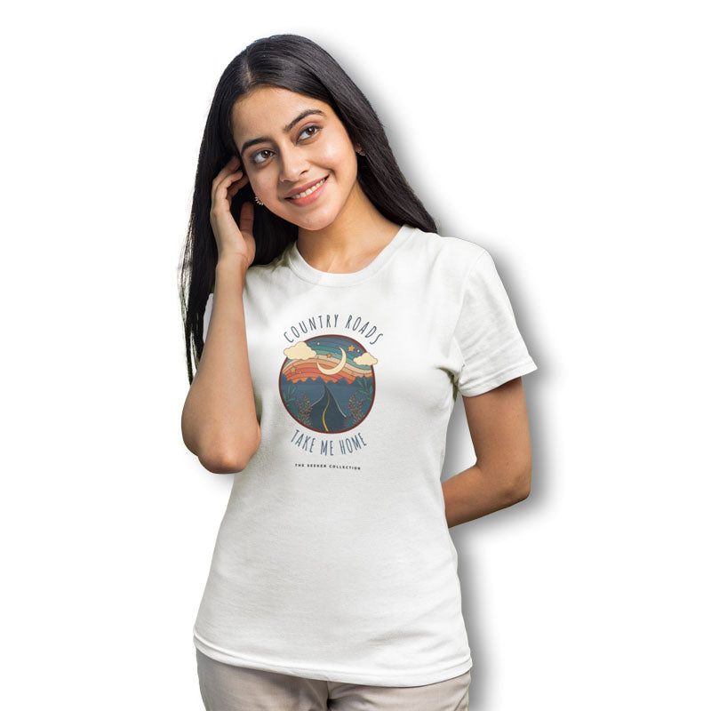 White women's country roads print T-shirt by The Mahua Store showing a casual, stylish design with scenic landscape artwork.