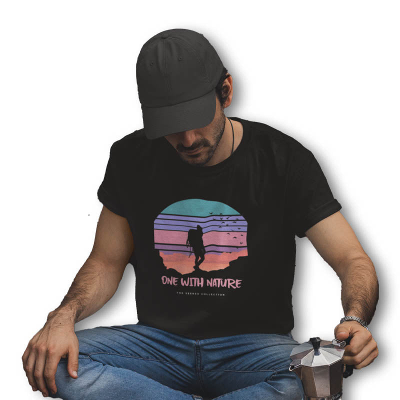 Black men's T-shirt from The Mahua Store featuring a One With Nature print and casual crew neck design.
