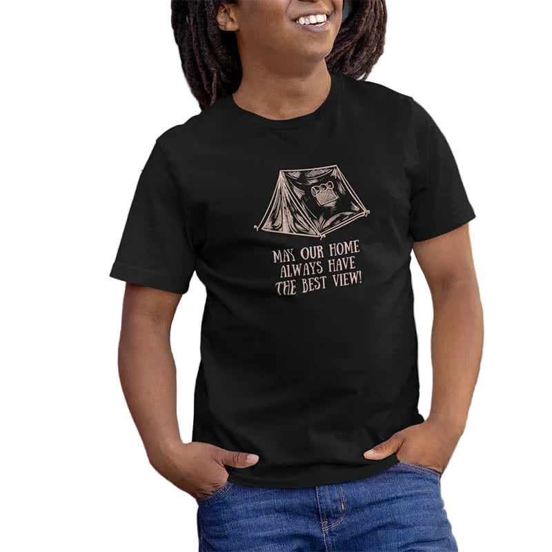 Black men's T-shirt from The Mahua Store with Rambler's Abode print, featuring a casual and stylish design.