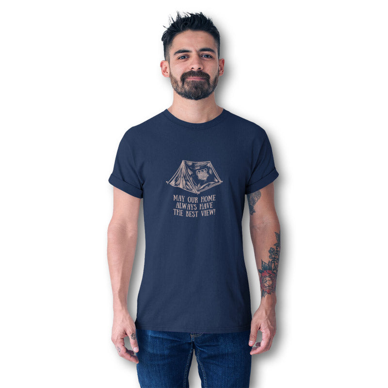 Blue men's T-shirt from The Mahua Store with Rambler's Abode print, casual cotton style, displayed on a plain background.