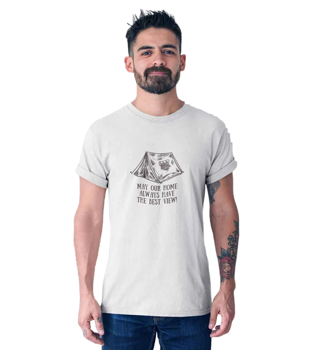 White men's T-shirt from The Mahua Store featuring the Rambler's Abode print, casual style, and comfortable fit.