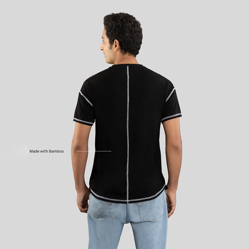 Black Ruggd Indian men's odor-resistant bamboo T-shirt with a crew neckline, shown on a model.