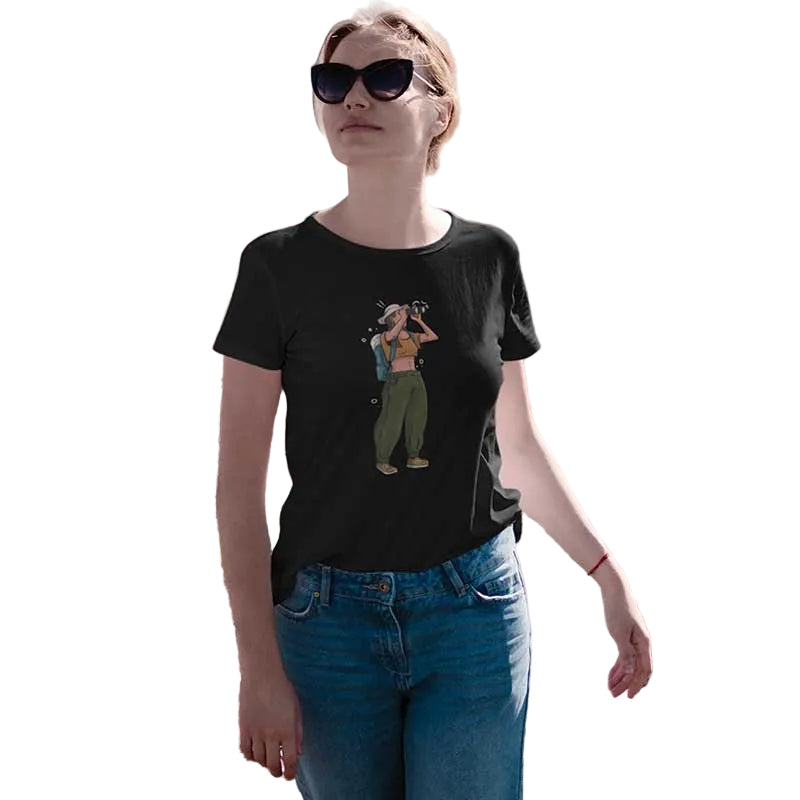 Black women's T-shirt from The Mahua Store featuring a stylish explorer-themed print on the front.