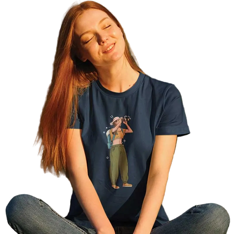 Blue women's T-shirt by The Mahua Store with explorer-themed female print, casual fit, and comfortable fabric.