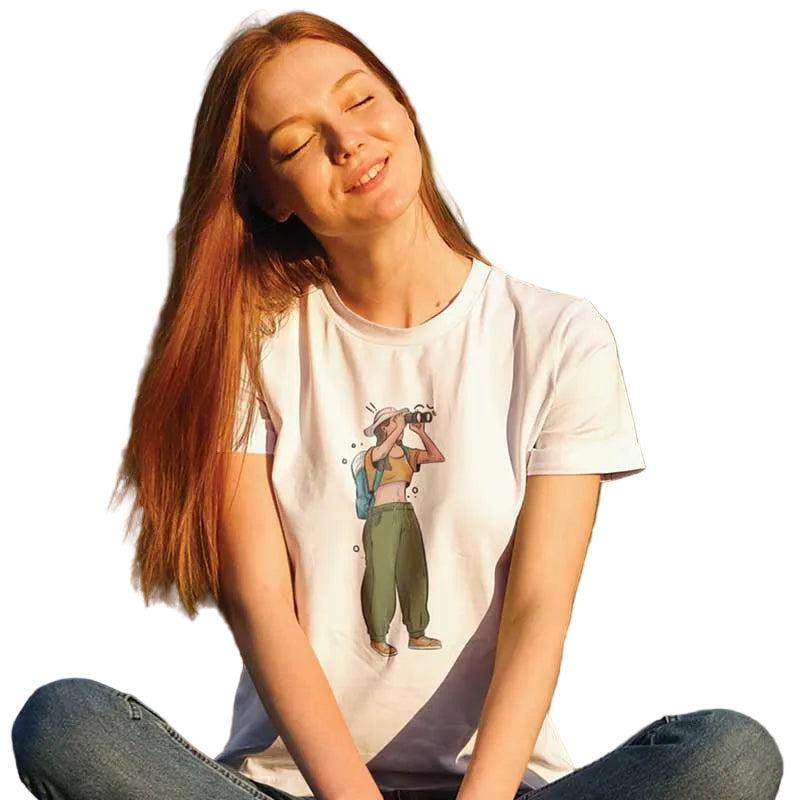White women's T-shirt with explorer female print from The Mahua Store, casual fit and graphic design.