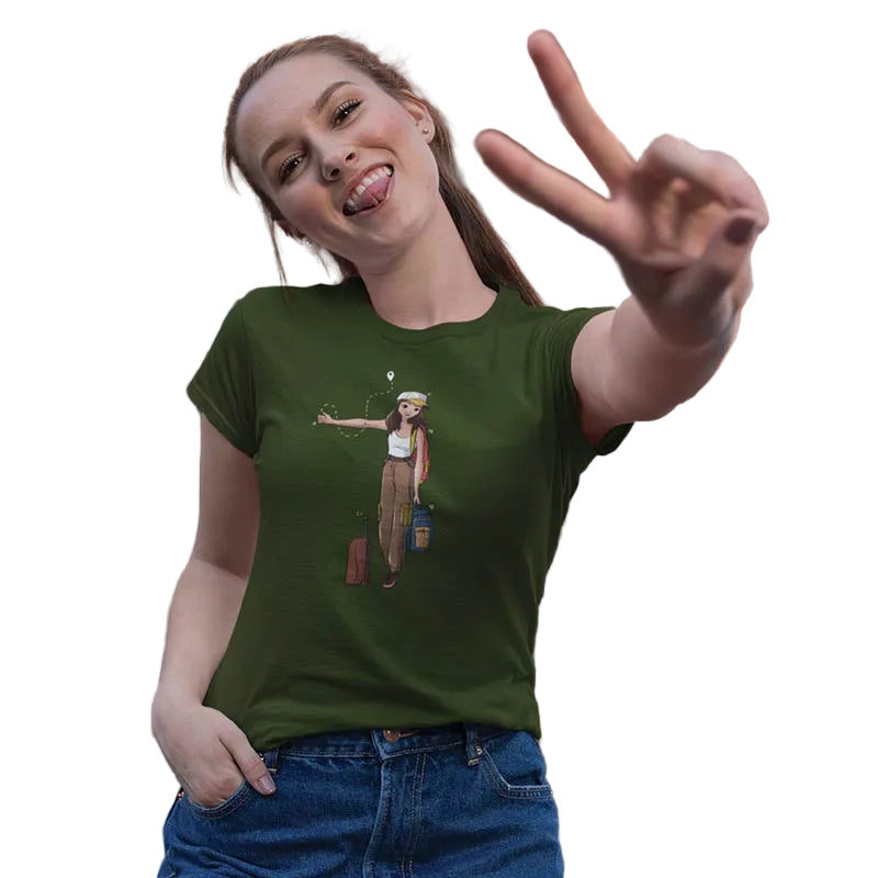 Green women's T-shirt with The Hitchhiker female print by The Mahua Store, casual style and comfortable fit.
