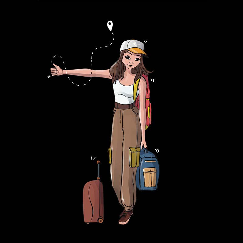 Women's The Hitchhiker T-shirt by The Mahua Store featuring a female print design on a casual cotton T-shirt.