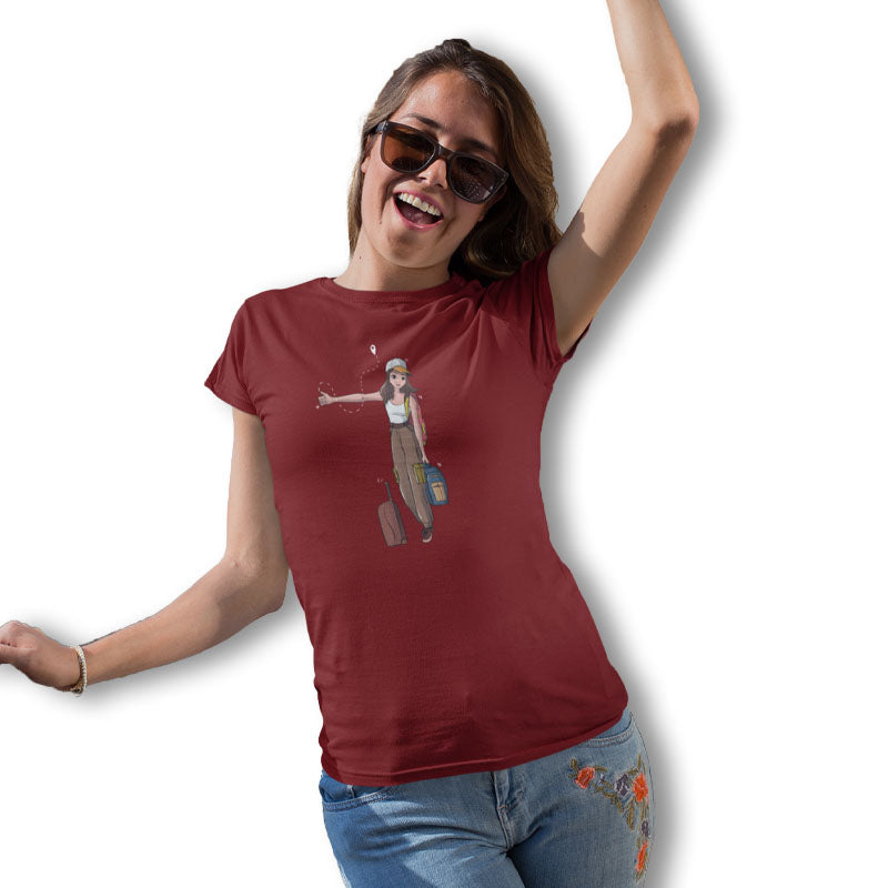 Red women's T-shirt by The Mahua Store featuring The Hitchhiker female print, casual and stylish for everyday wear.