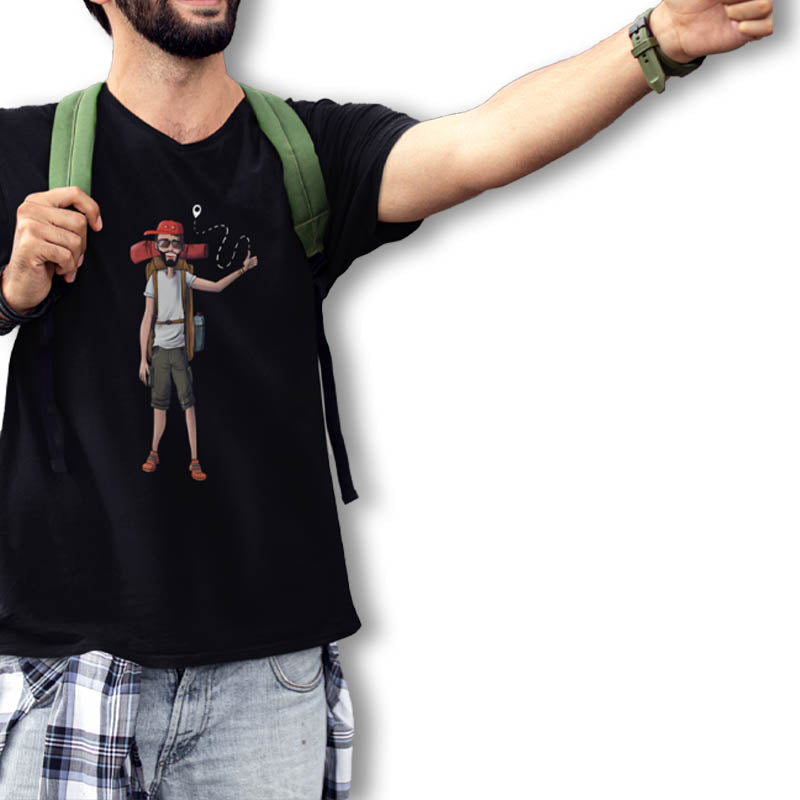 Black men's T-shirt by The Mahua Store featuring a male hitchhiker graphic print on the front.