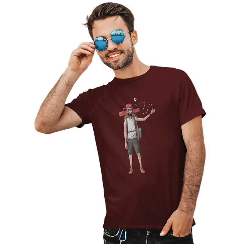 Red men's T-shirt by The Mahua Store featuring a unique hitchhiker male print on the front.