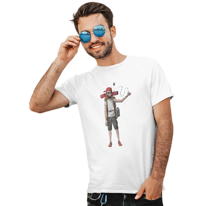White men's T-shirt by The Mahua Store featuring the Hitchhiker male print design on the front.