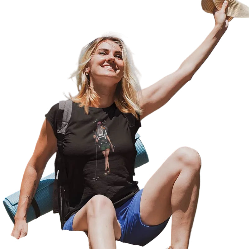 Black women's T-shirt by The Mahua Store featuring a hiking-themed female print design.