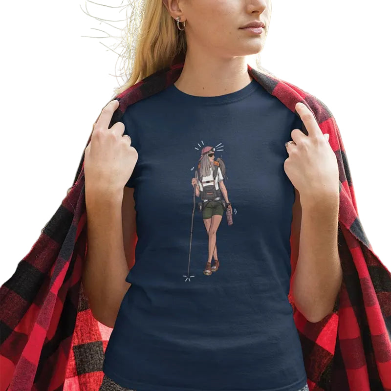 Blue women's T-shirt from The Mahua Store featuring a hiking-themed female print design.
