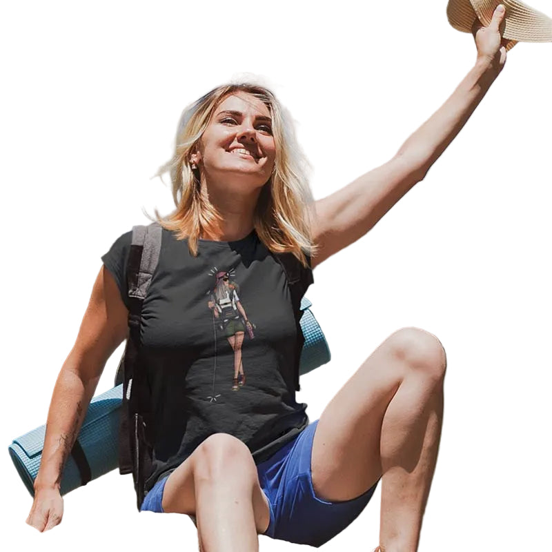 Grey women's T-shirt by The Mahua Store featuring a hiker female print, casual and stylish for outdoor and everyday wear.