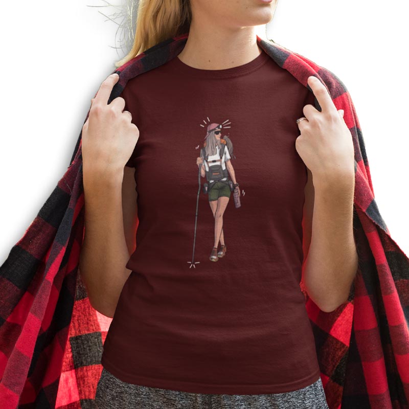 Red women's hiker print T-shirt by The Mahua Store featuring a casual fit and outdoor-inspired design.