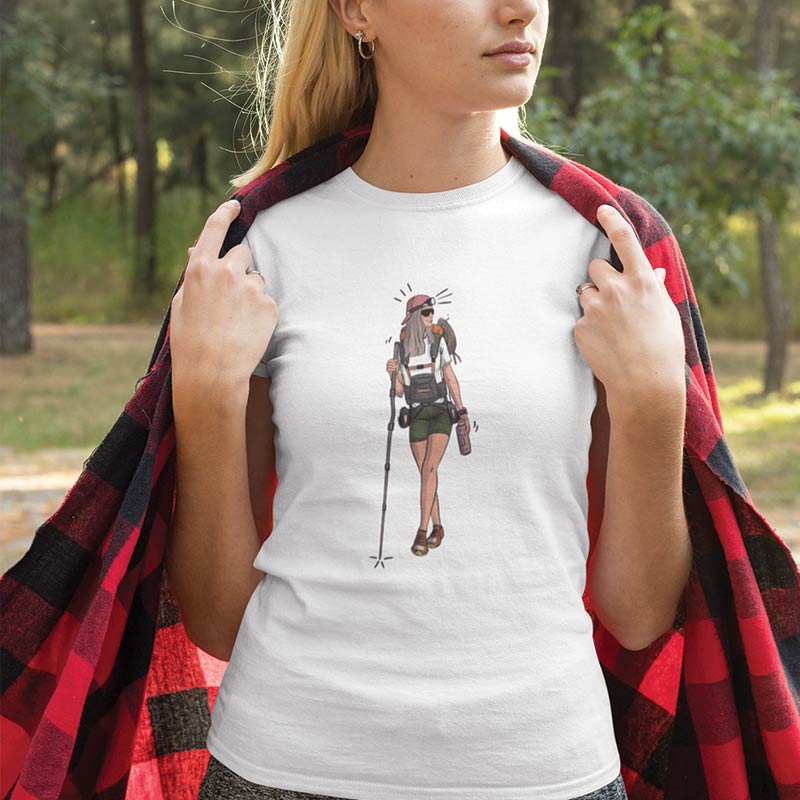 White women's T-shirt with female print design from The Mahua Store, The Hiker-Female print on front.