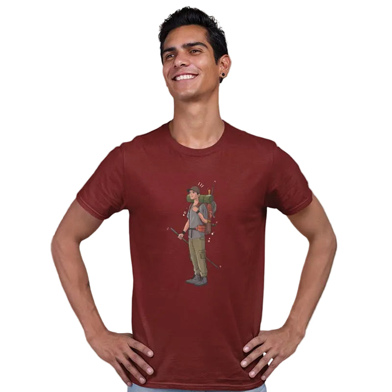 Red men's T-shirt from The Mahua Store with a hiker male print, casual style, and comfortable fit.
