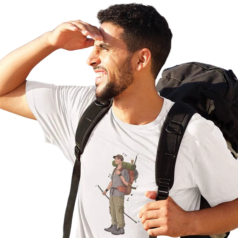 White men's T-shirt from The Mahua Store with a hiker print, casual and comfortable for everyday wear.