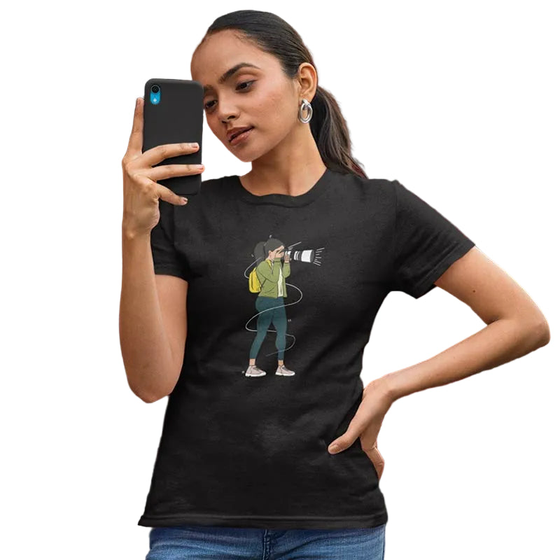 Black women's T-shirt by The Mahua Store featuring the Photographer-Female Print design on the front.