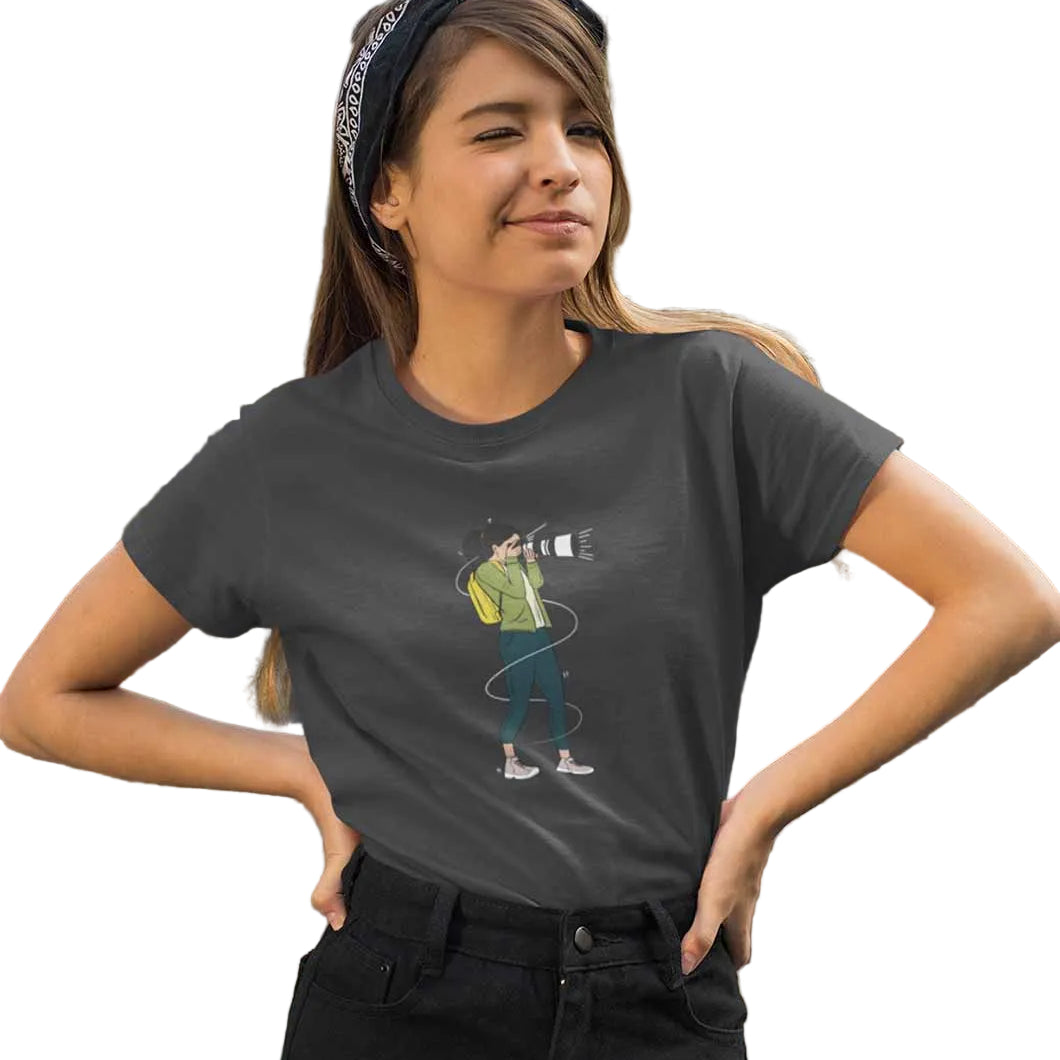 Grey women's T-shirt from The Mahua Store featuring a photographer female print design on the front.