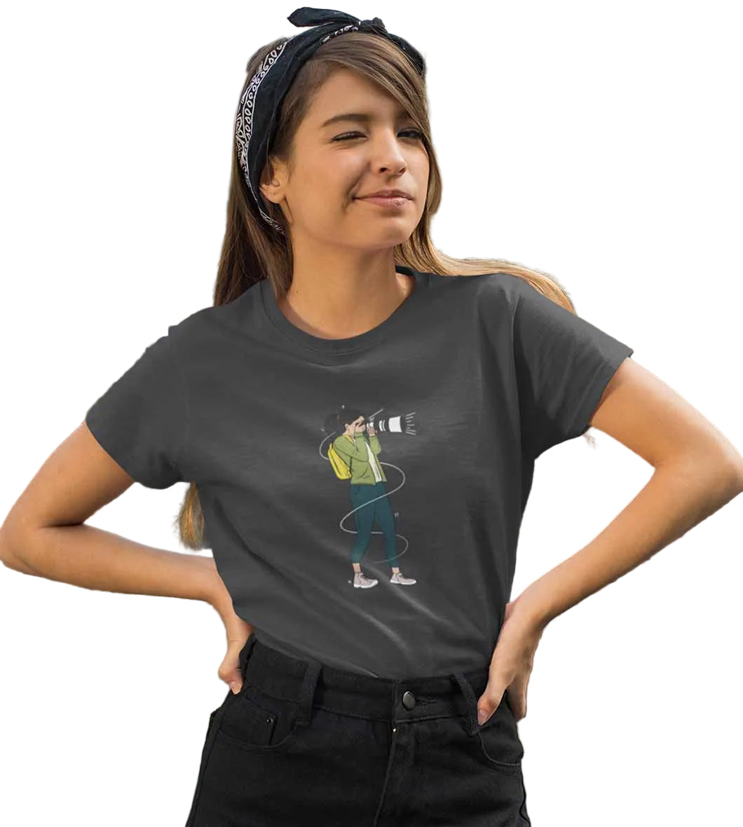 Grey women's T-shirt from The Mahua Store featuring a photographer female print design on the front.