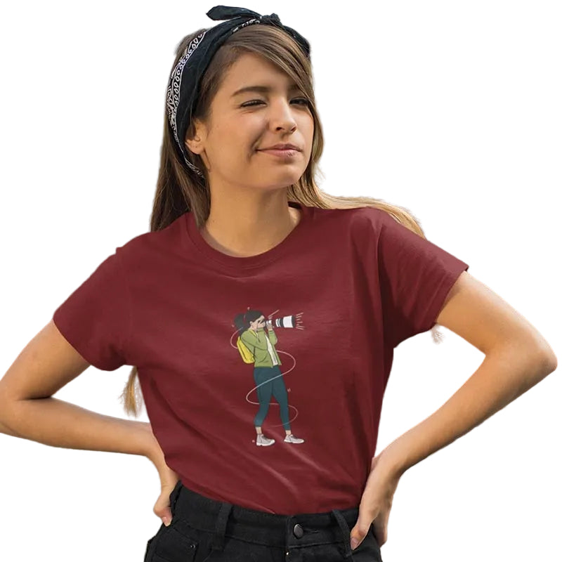 Red women's T-shirt by The Mahua Store featuring a female photographer print, casual and stylish top for everyday wear.