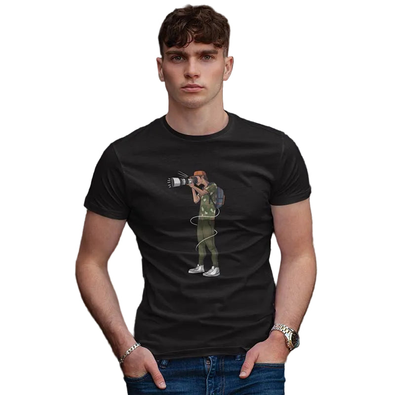 Black men's T-shirt from The Mahua Store with a photographer print design, casual and stylish for everyday wear.