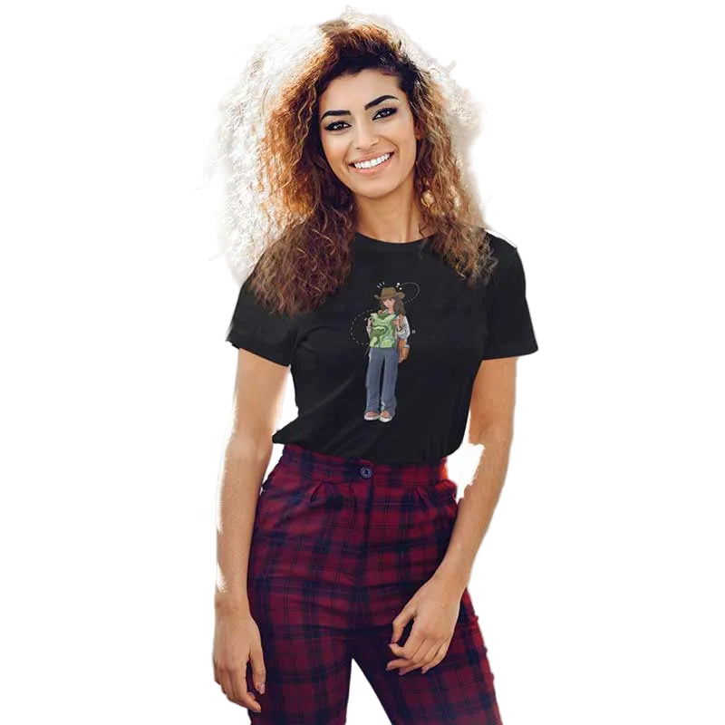 Black women's T-shirt by The Mahua Store featuring a female traveler print on the front.