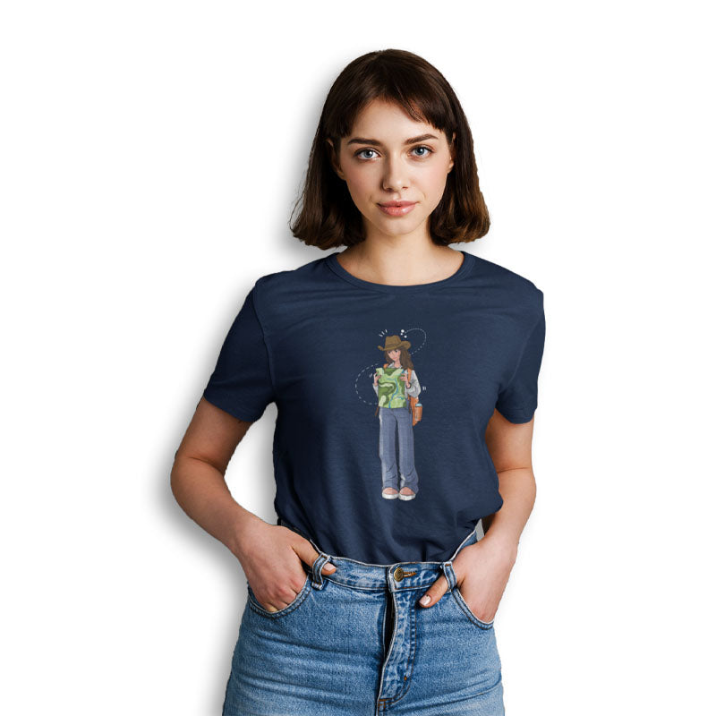 The Mahua Store women's blue Traveler print T-shirt featuring a casual fit and artistic female illustration.