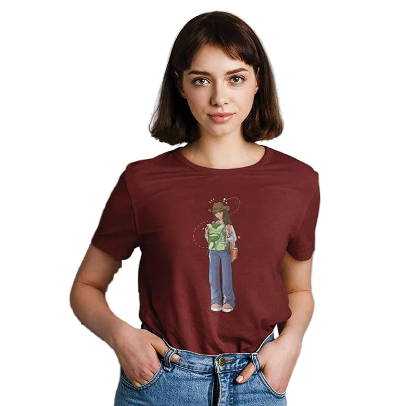 Red women's T-shirt from The Mahua Store featuring a female traveler print, casual short-sleeve design.