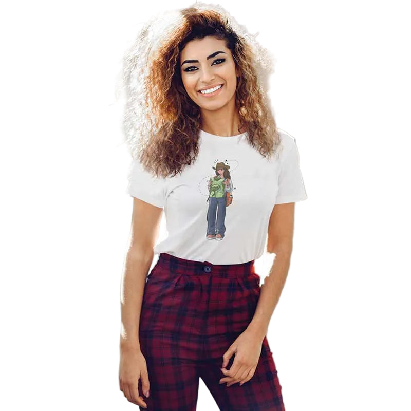 White women's T-shirt from The Mahua Store featuring a female travel-themed print, casual and stylish for everyday wear.