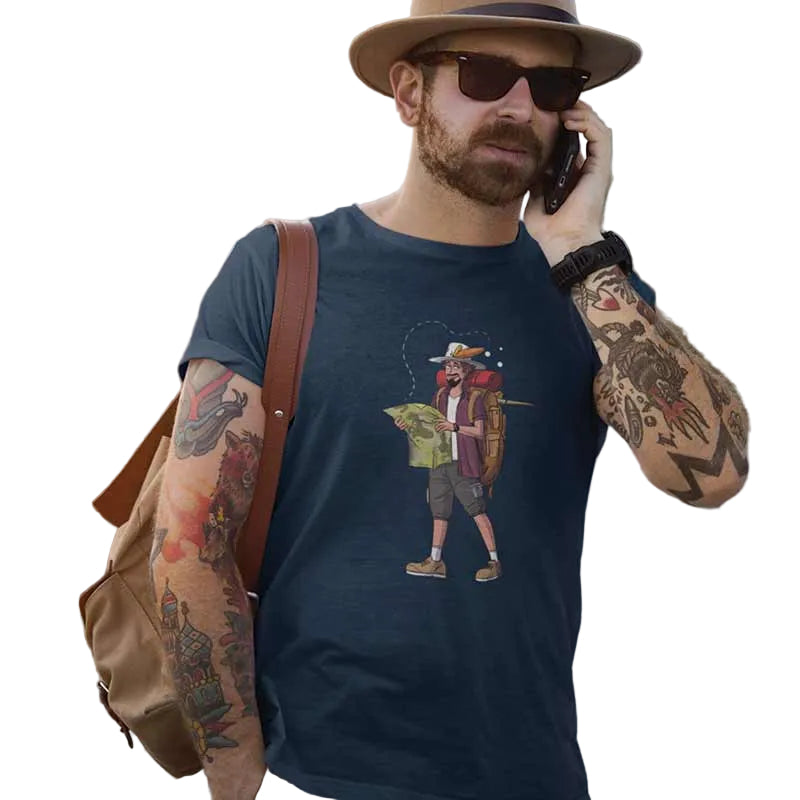 Blue men's T-shirt from The Mahua Store with a traveler male print, casual fit, and comfortable cotton fabric.