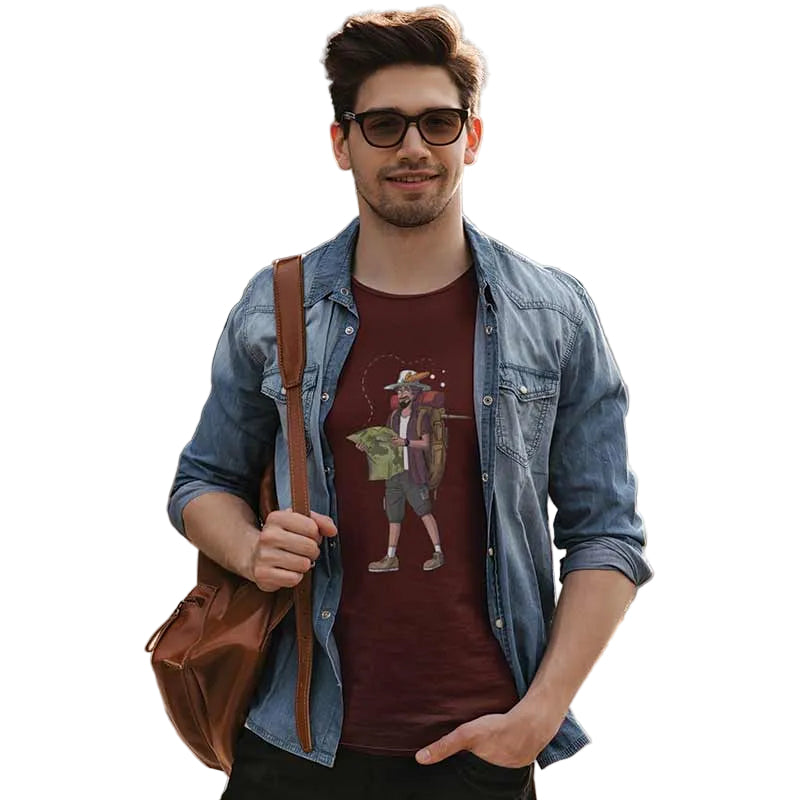 Red men's T-shirt by The Mahua Store featuring a travel-inspired male print design.