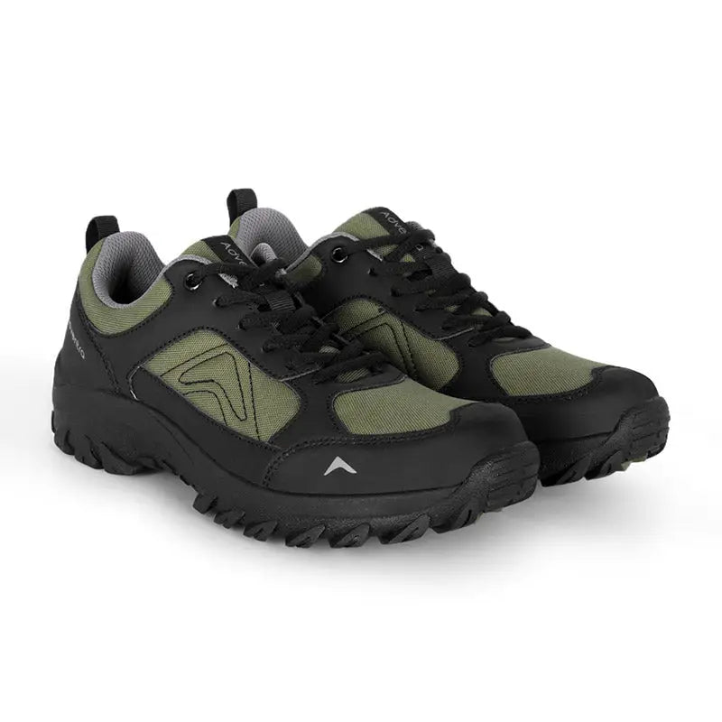Adventra men's low ankle hiking shoes in green, featuring durable sole and breathable material for outdoor adventures.