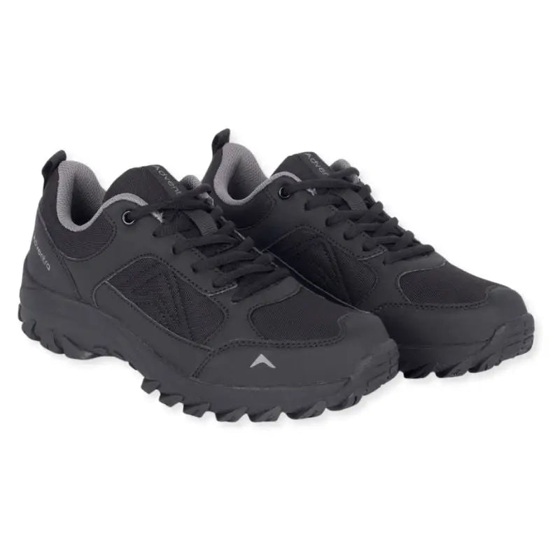 Black Adventra men's low ankle NWP hiking shoes with sturdy soles and breathable mesh upper, designed for outdoor hiking.