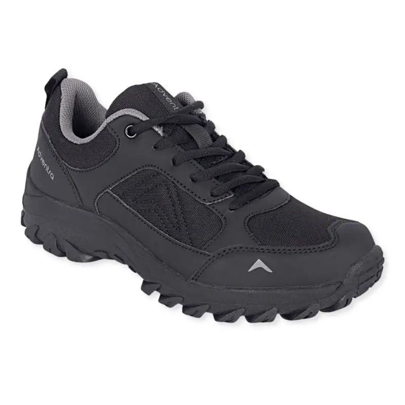 Black Adventra men's low ankle hiking shoes with durable hiking sole and supportive design, ideal for outdoor trekking.