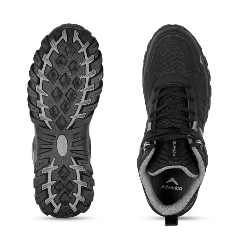 Black Adventra men's mid ankle hiking shoes with sturdy design and rugged outsole for outdoor adventures.