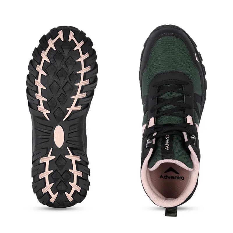 Adventra men's mid ankle hiking shoes in green, featuring durable material and rugged sole for outdoor adventures.