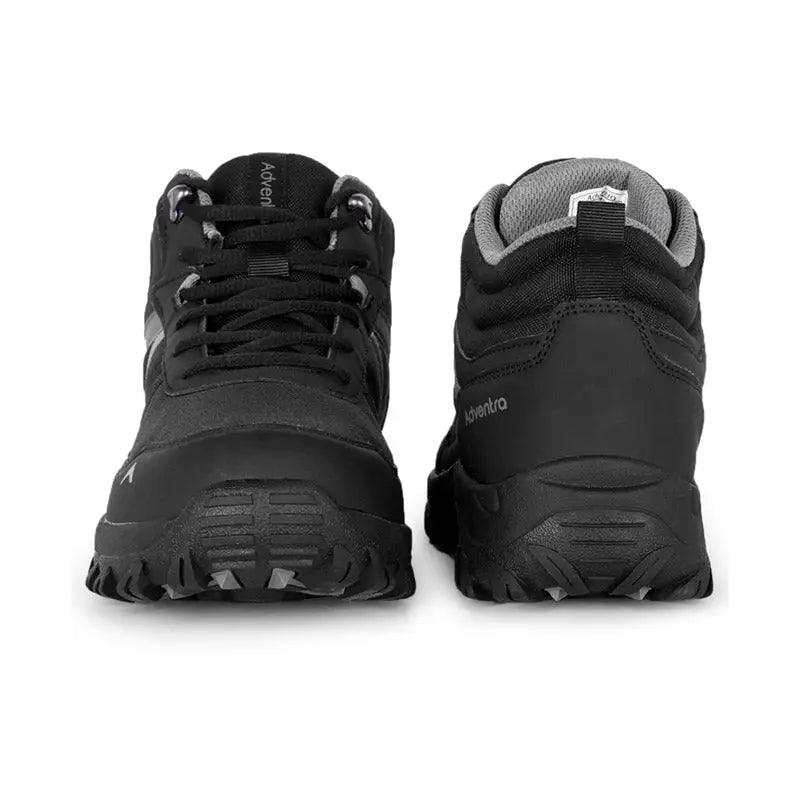 Black Adventra men's mid-ankle hiking shoes with sturdy laces and rugged soles, designed for outdoor hiking and trekking.