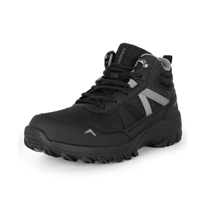 Black Adventra men's mid ankle hiking shoes with sturdy soles and ankle support, suitable for outdoor trekking and adventure.