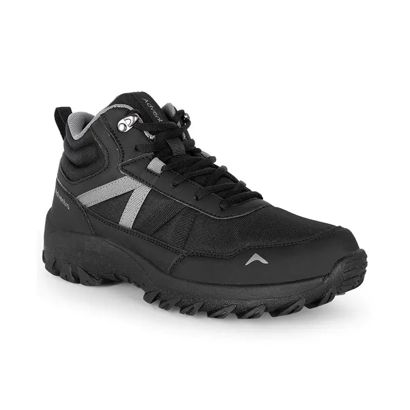 Black Adventra men's mid ankle hiking shoes with sturdy design and breathable material, ideal for outdoor adventures.