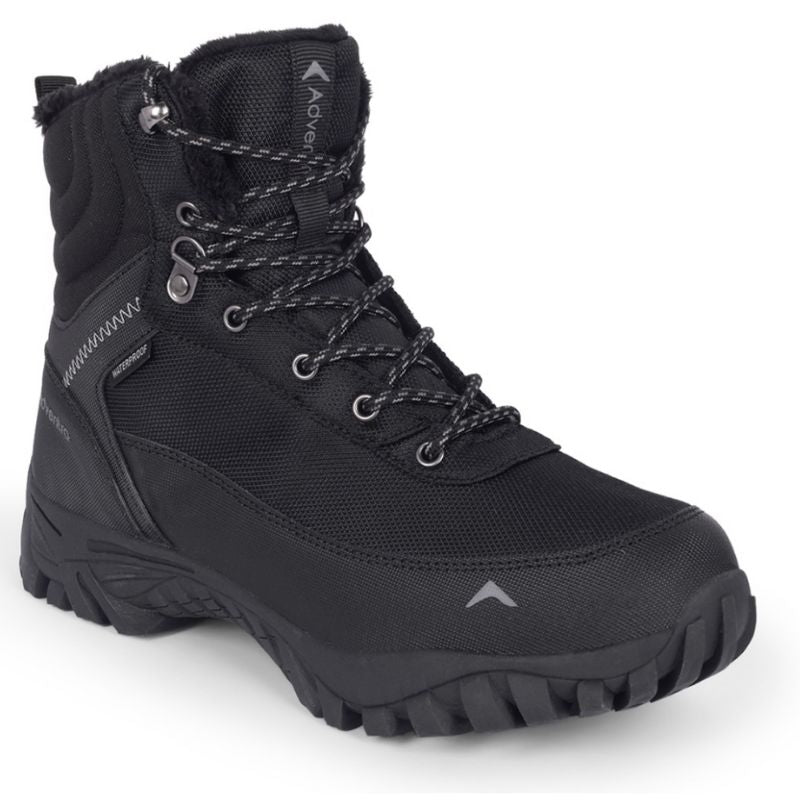 Black Adventra men's waterproof hiking shoes with rugged soles and padded ankle support, designed for outdoor trekking.