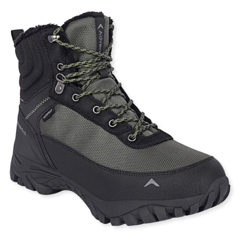 Adventra men's waterproof hiking boots in green, featuring sturdy soles and padded ankle support for outdoor adventures.