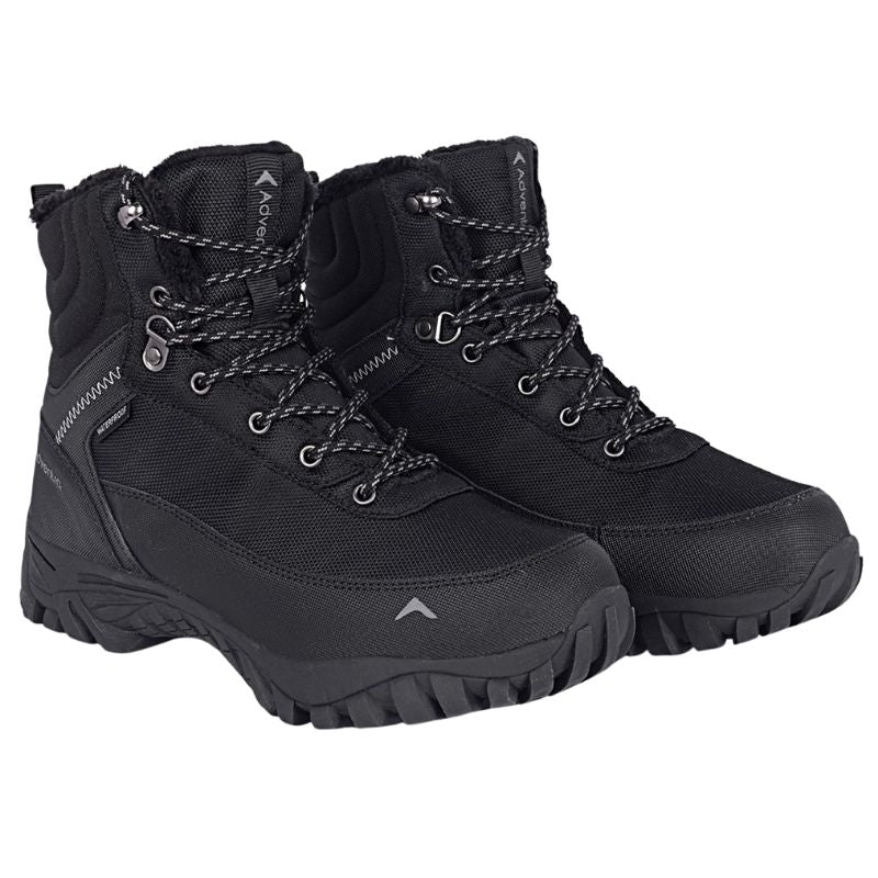 Adventra men's waterproof hiking boots in black with sturdy soles and waterproof material, ideal for outdoor trekking and hiking.