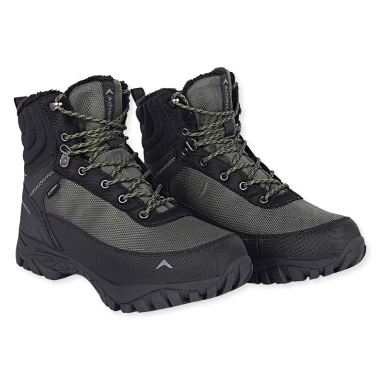 Adventra men's waterproof hiking boots in green with rugged soles and padded ankle support for outdoor adventures.