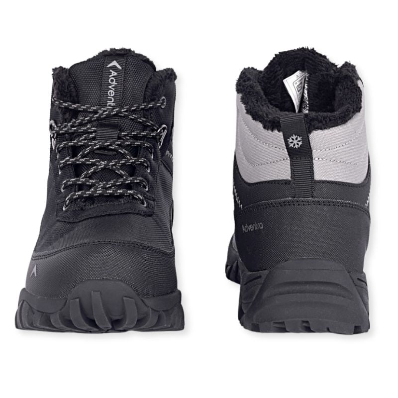 Black Adventra men's waterproof hiking shoes with sturdy soles and padded ankles, ideal for outdoor trekking and rugged terrains.