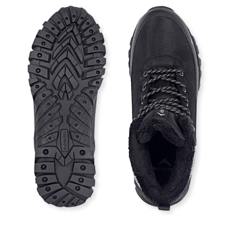 Black Adventra men's waterproof hiking shoes with sturdy soles and padded ankle support, designed for outdoor adventures.
